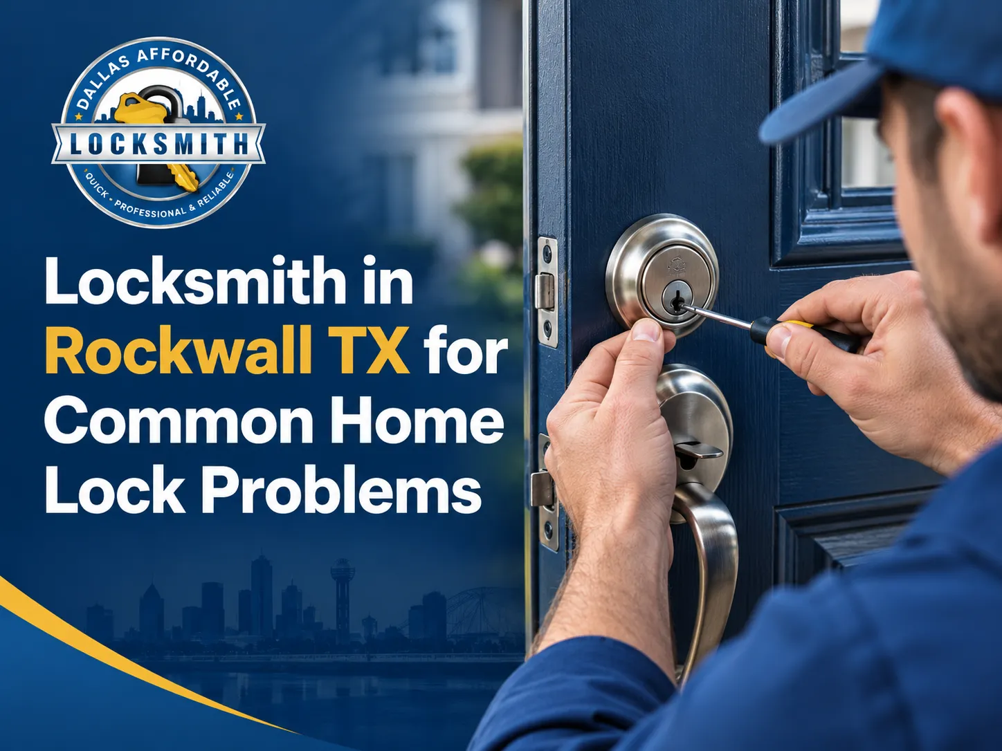 Locksmith in Rockwall TX repairing a residential door lock for Dallas Affordable Locksmiths