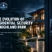 Modern residential security in Highland Park featuring a smart keypad door lock, luxury home at dusk, and dark blue architectural blueprint accents.