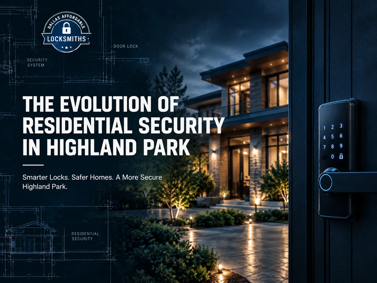 Modern residential security in Highland Park featuring a smart keypad door lock, luxury home at dusk, and dark blue architectural blueprint accents.