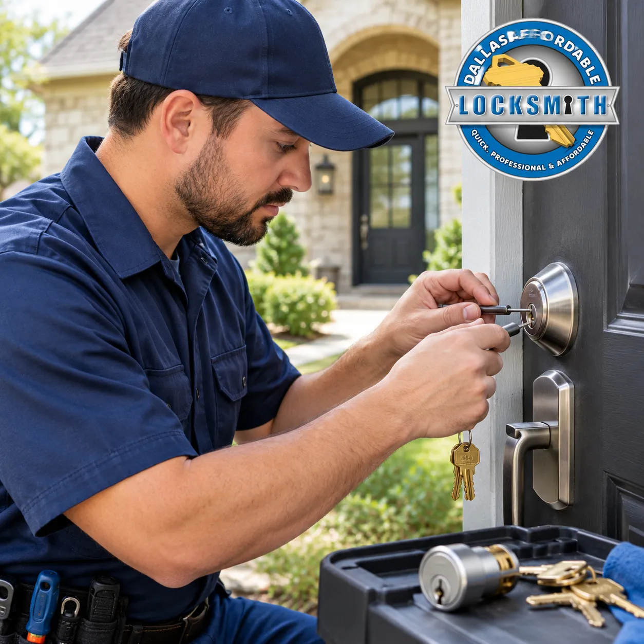 Professional Locksmith Repairing a Door Lock in Dallas